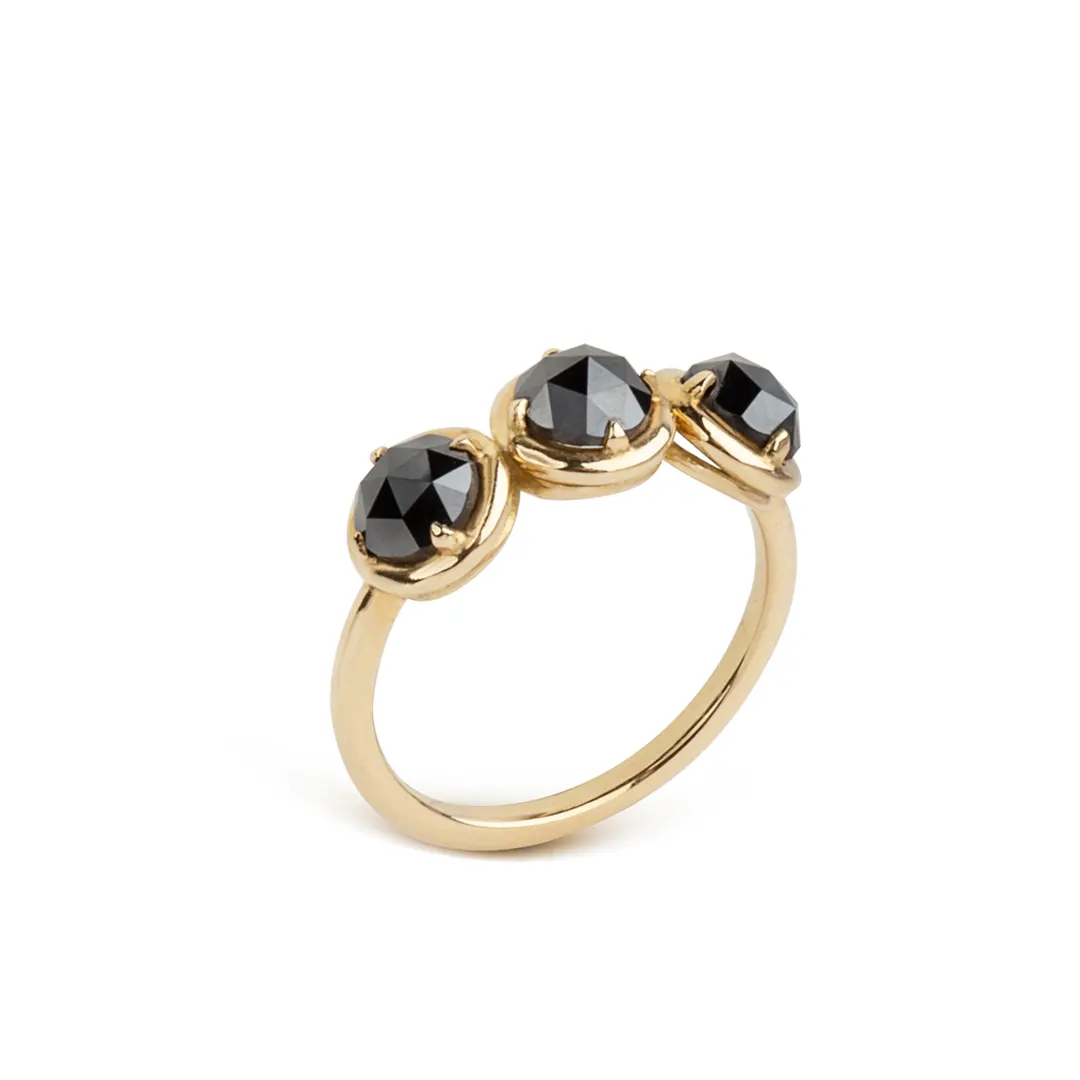 18K Gold Rosecut Black Diamond, Three Stone Ring