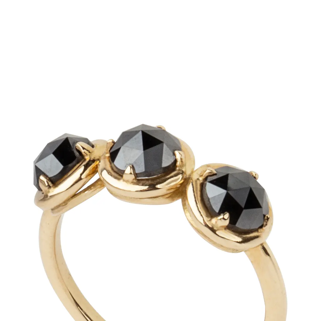 18K Gold Rosecut Black Diamond, Three Stone Ring - Image 2
