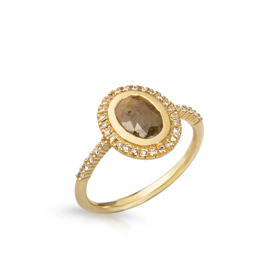18K Gold Oval Rosecut Diamond Ring with White Diamond Halo