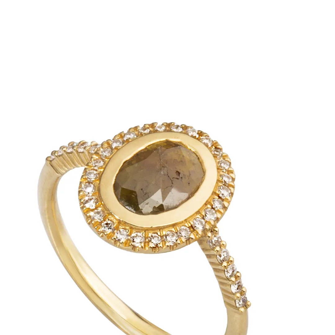 18K Gold Oval Rosecut Diamond Ring with White Diamond Halo - Image 2