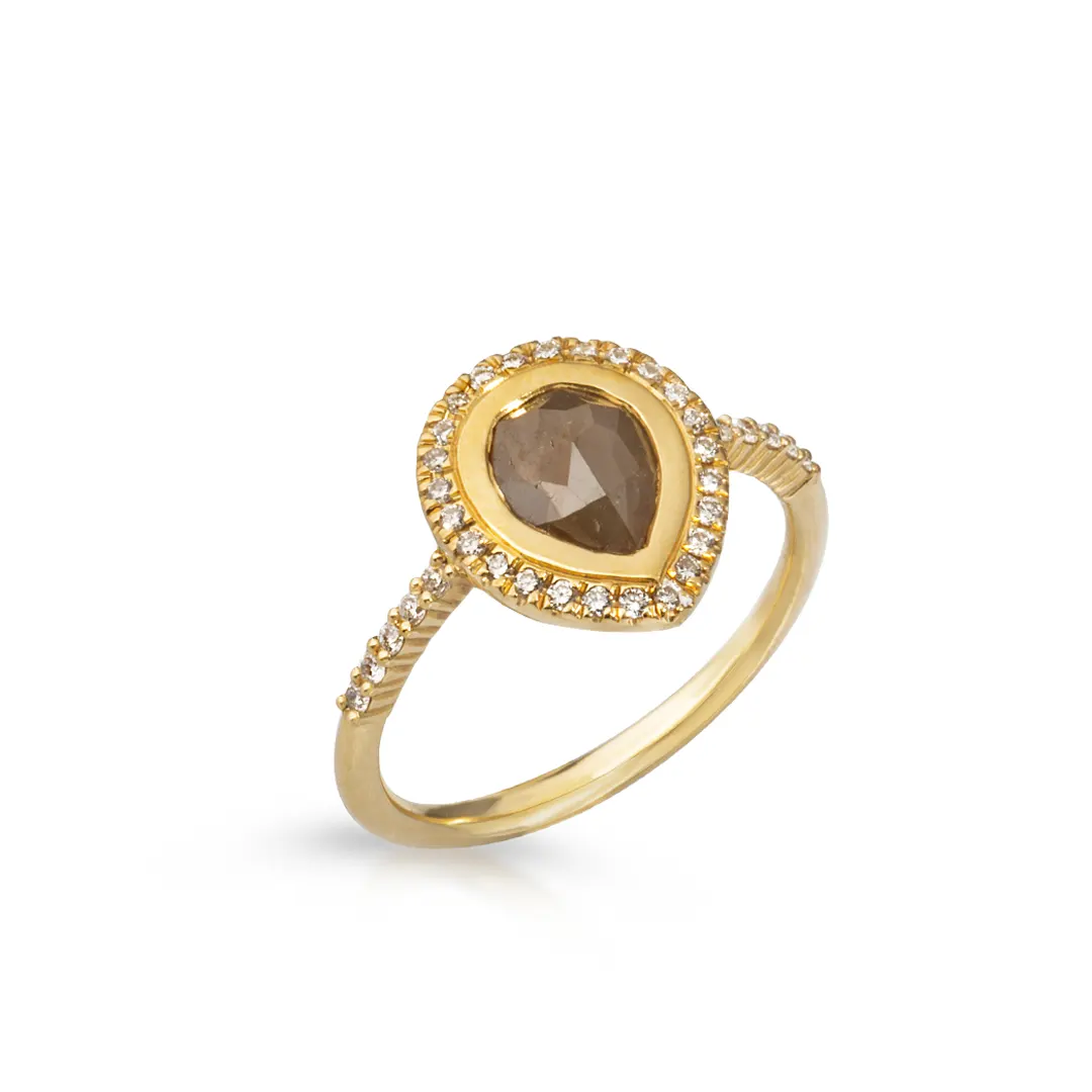 18K Gold Pear-Shaped Rosecut Diamond Ring with White Diamond Halo