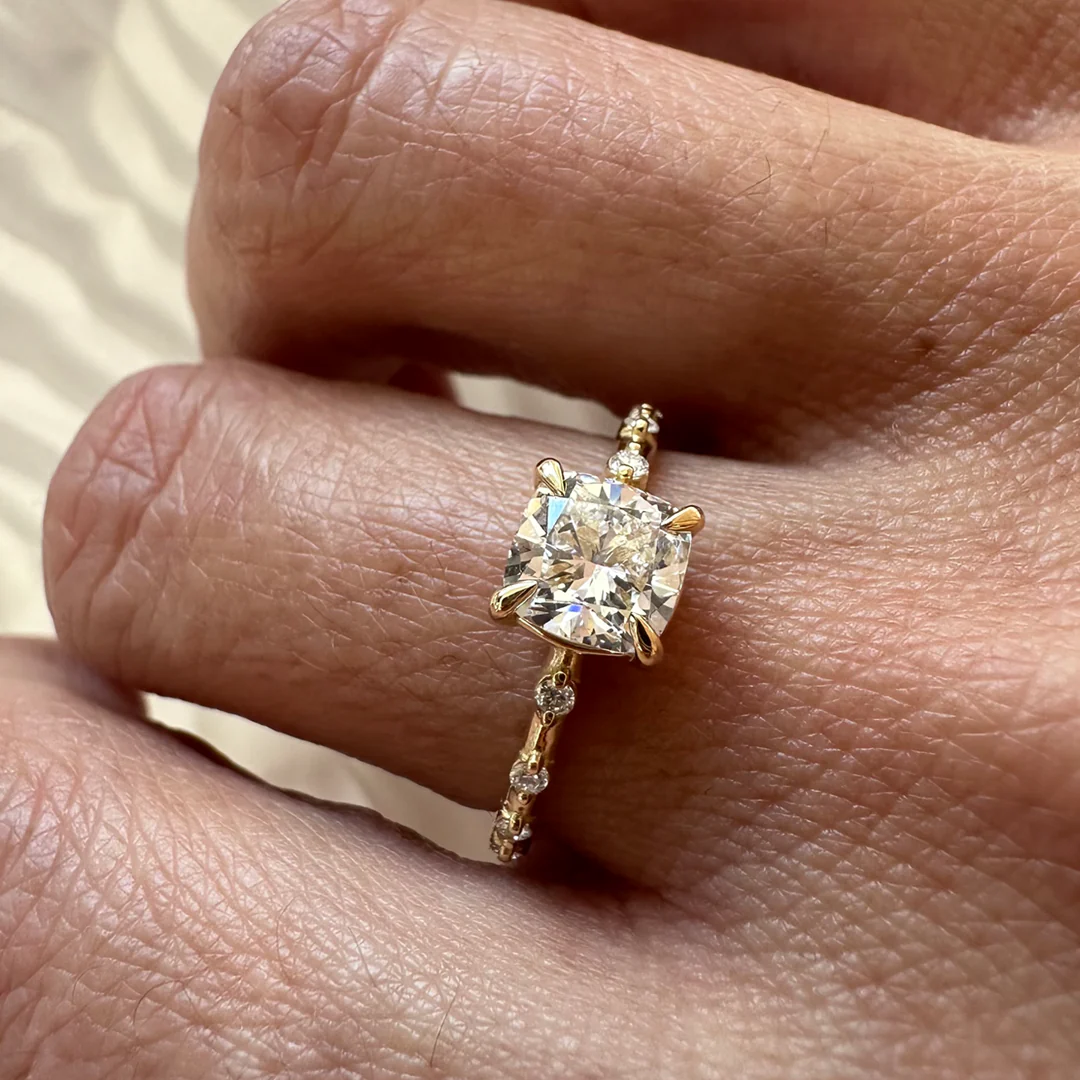 18K Yellow Gold Cushion LAB Diamond Ring with Diamonds - Image 9