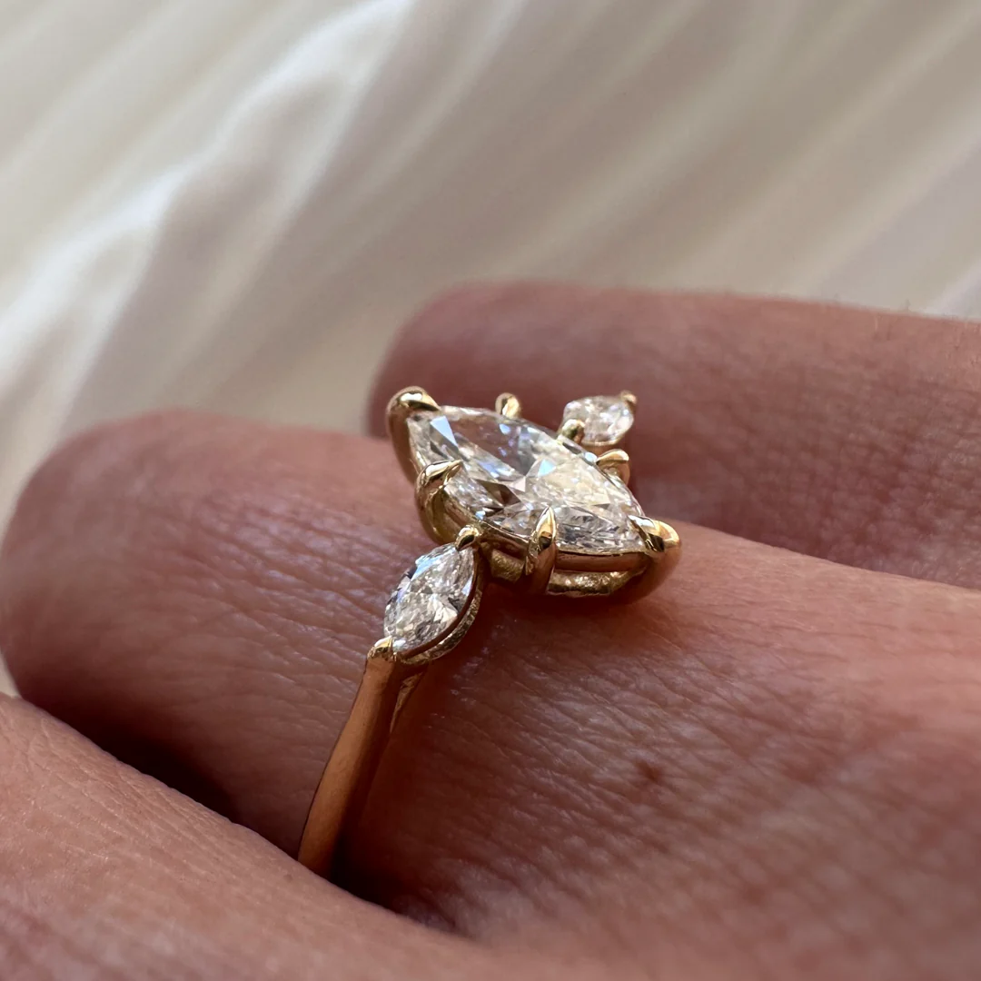18K Yellow Gold Marquise LAB Diamond Ring with 1 Diamond on each side - Image 3