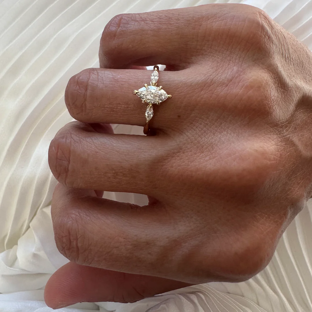 18K Yellow Gold Marquise LAB Diamond Ring with 1 Diamond on each side - Image 4