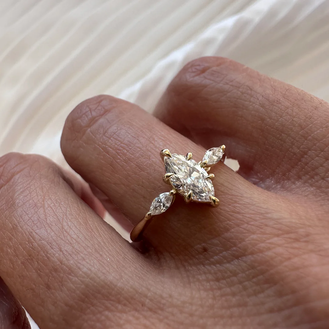18K Yellow Gold Marquise LAB Diamond Ring with 1 Diamond on each side - Image 5