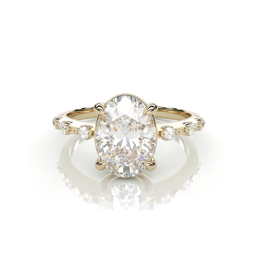 18K Yellow Gold Oval LAB Diamond Ring with 3 small Diamonds on each side