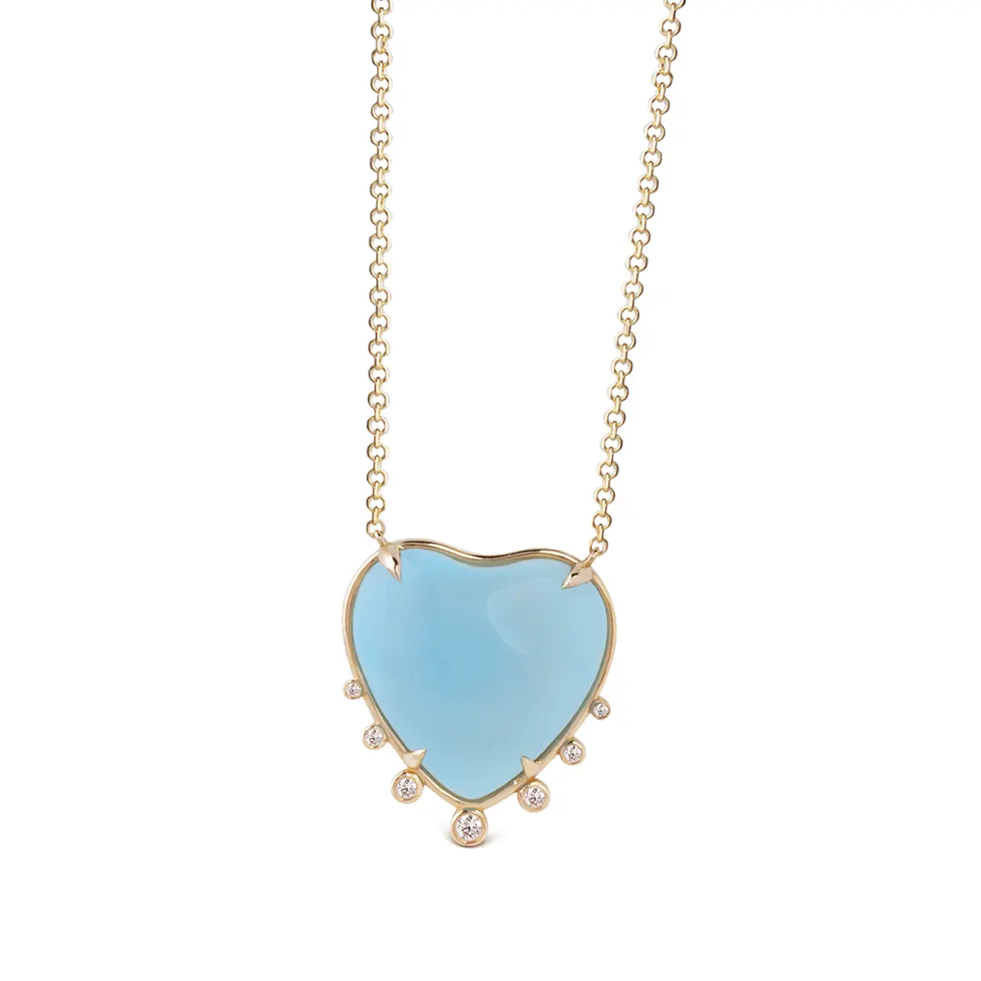 Big Heart Shaped Aquamarine 14K Gold Necklace with 7 Diamonds - Image 2