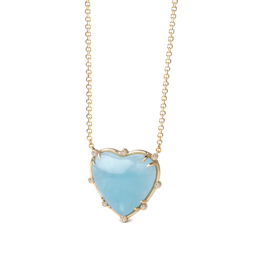 Big Heart Shaped Aquamarine 14K Gold Necklace with 8 Diamonds - Image 2