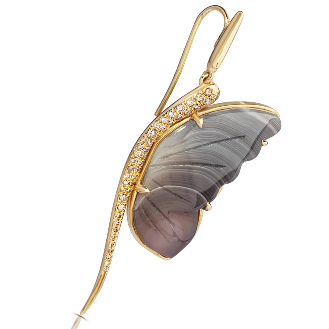 14K Gold Butterfly Earrings with Grey and Brown Agate and Brown Diamonds - Image 2