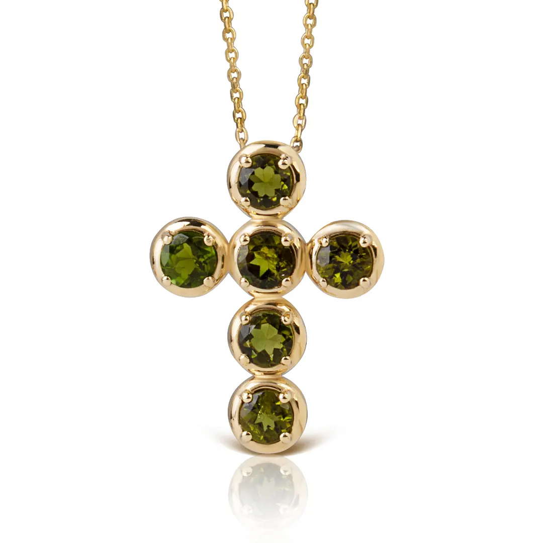 Circle Gold Cross Pendant with 6 Green Tourmalines