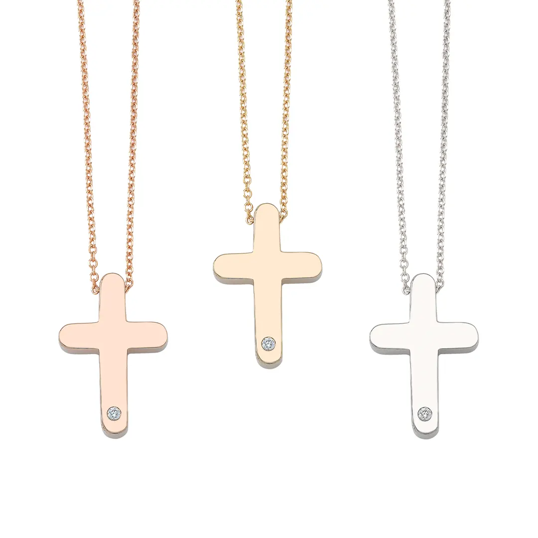 Curved Edges Gold Cross Pendant with Diamond - Image 4