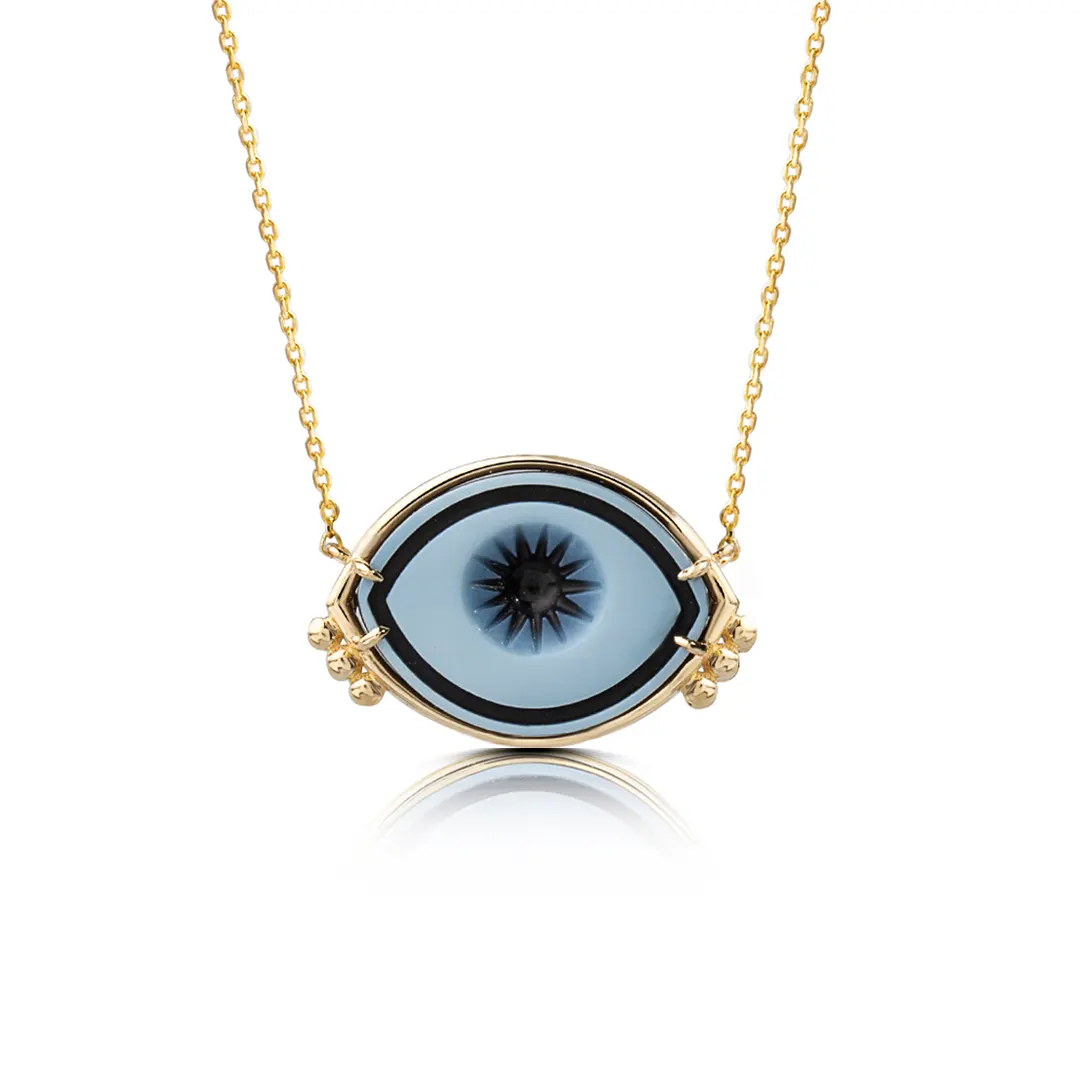 Cycladic Talisman 14K Gold Necklace with Cameo Eye and 6 Gold Dots