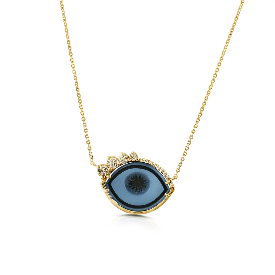 Cycladic Talisman 14K Gold Necklace with Cameo Eye and Diamond Lashes - Image 2