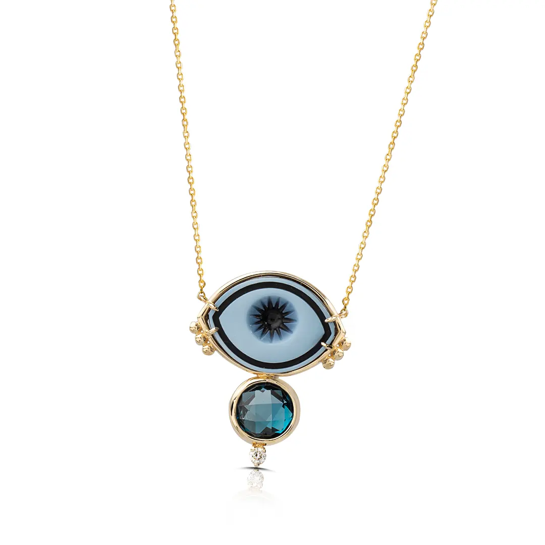 Cycladic Talisman 14K Gold Necklace with Cameo Eye, London Blue Topaz and Diamond - Image 2