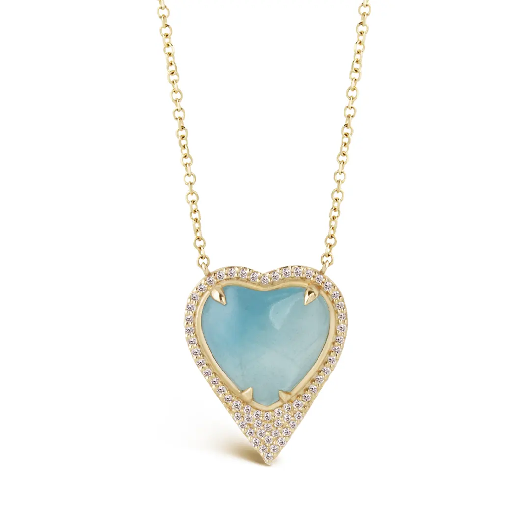 14K Gold Heart-shaped Aquamarine Necklace framed with Diamonds