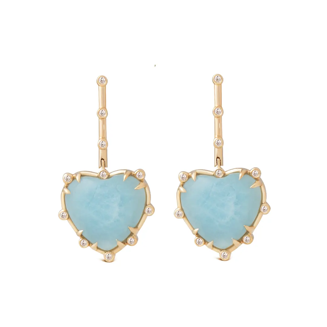 Heart Shaped Aquamarine 14K Gold hanging Earrings with Diamonds