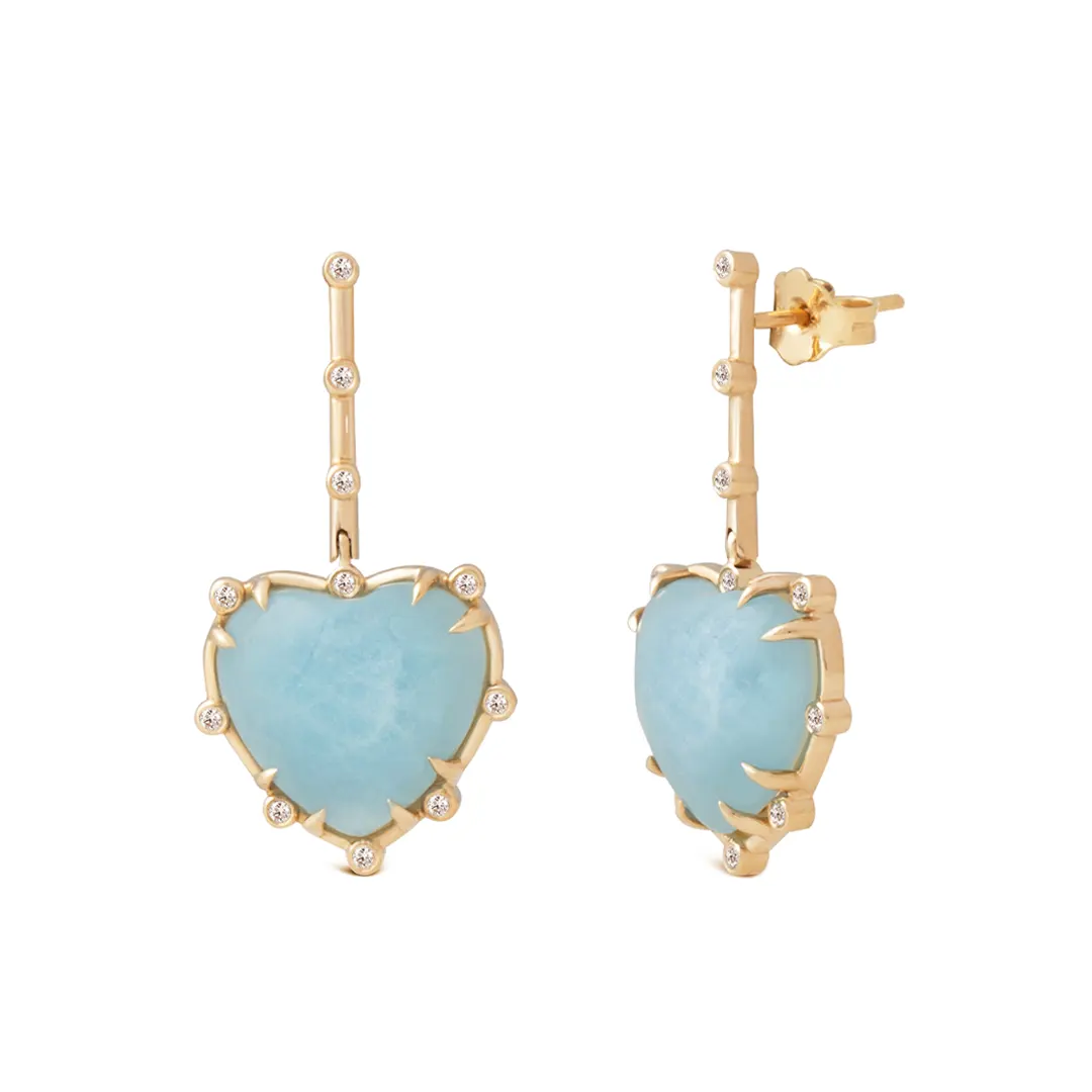 Heart Shaped Aquamarine 14K Gold hanging Earrings with Diamonds - Image 2