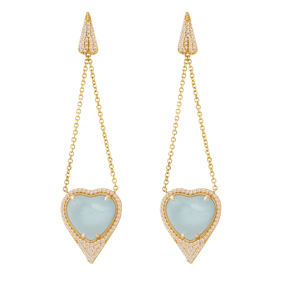 Heart Shaped Aquamarine 14K Gold Long Earrings surrounded by Diamonds