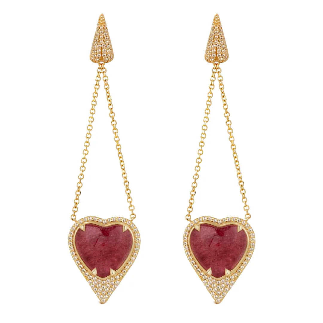 Heart Shaped Strawberry 14K Gold Long Earrings surrounded by Brown Diamonds