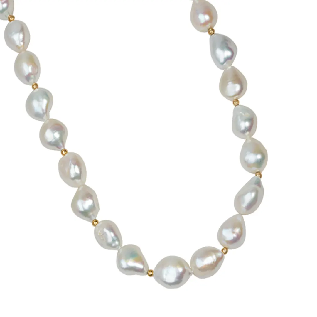 Long Rope Baroque Pearl Necklace with 14K Gold dot details and closure - Image 2