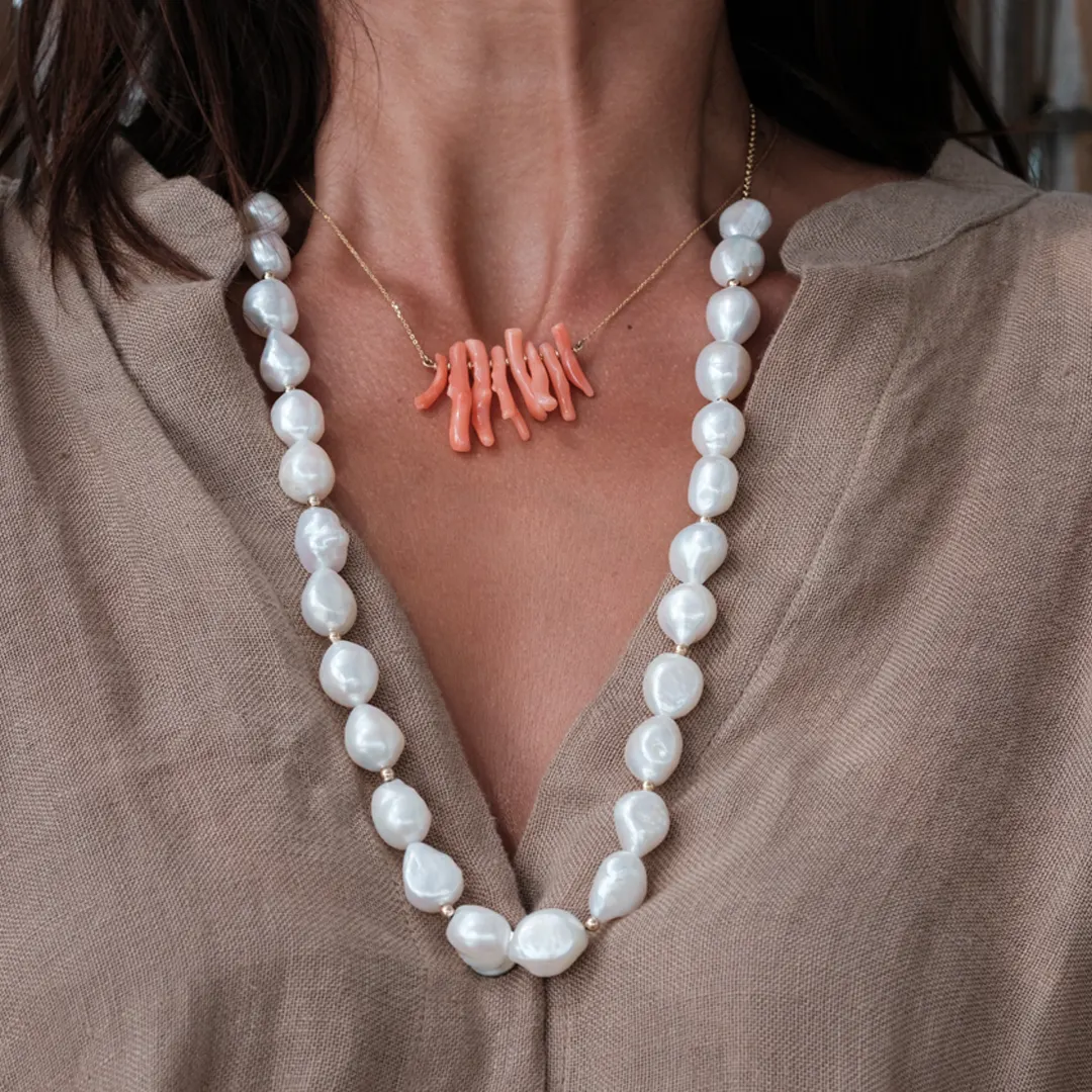Long Rope Baroque Pearl Necklace with 14K Gold dot details and closure - Image 5