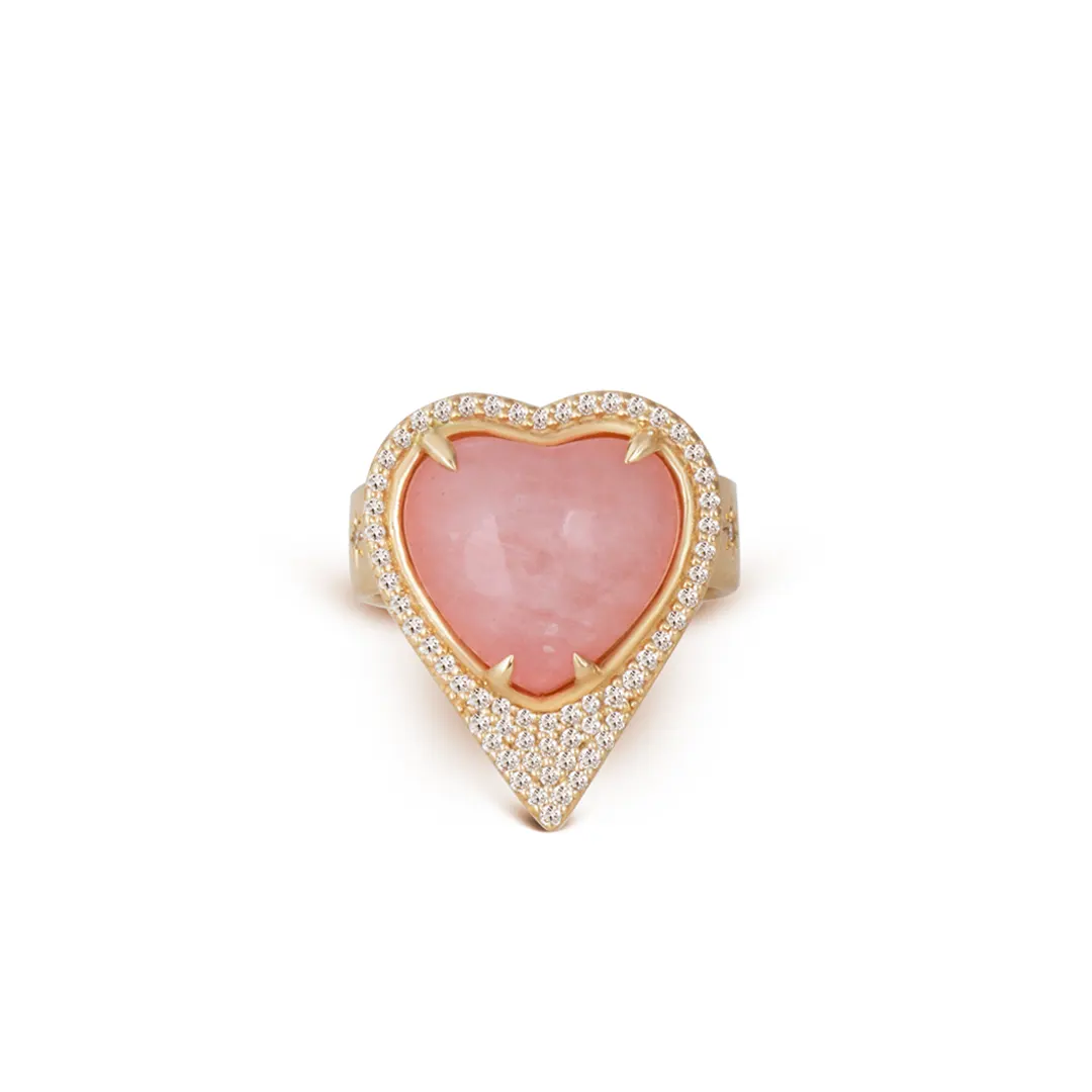 Morganite Heart Shaped, 14K Gold Thick Band Ring surrounded by Diamonds