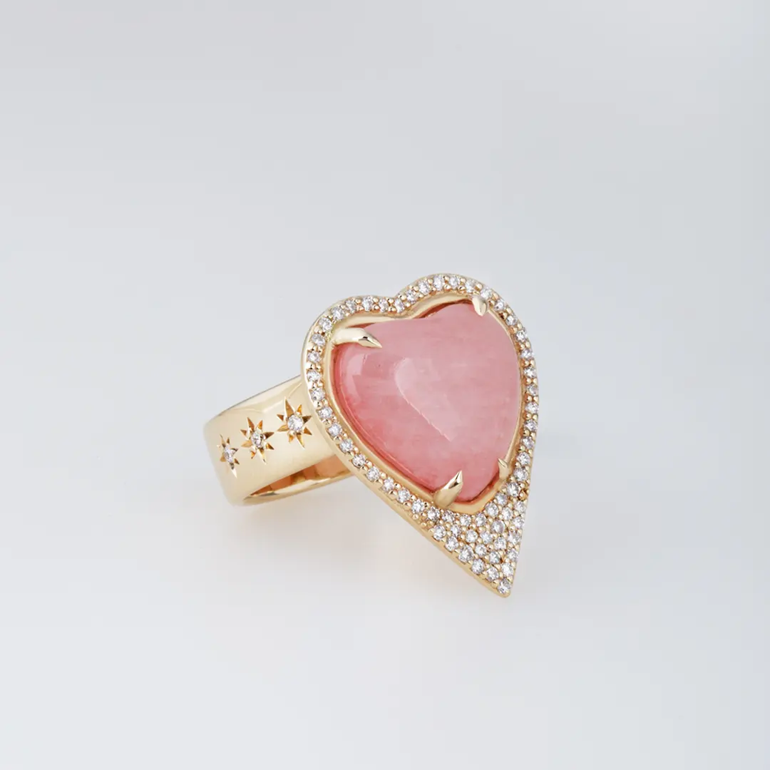 Morganite Heart Shaped, 14K Gold Thick Band Ring surrounded by Diamonds - Image 2
