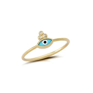 Navette Evil Eye 14K Gold Tiny Ring with 3 Diamonds - Image 2