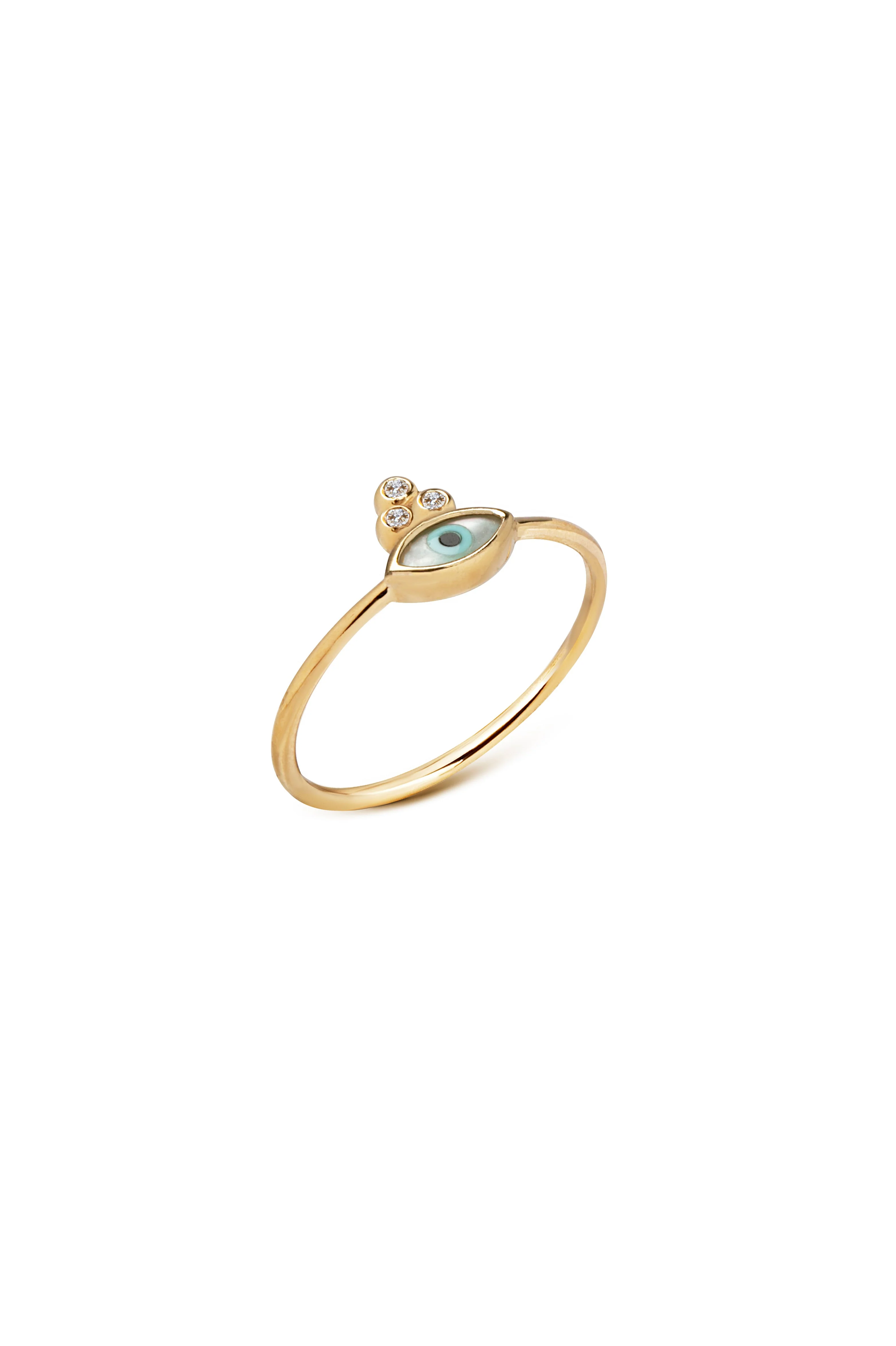 Navette Evil Eye 14K Gold Tiny Ring with 3 Diamonds - Image 3