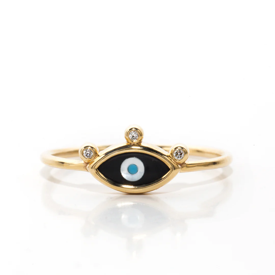 Navette Evil Eye 14K Gold Ring with 3 Diamonds - Image 2