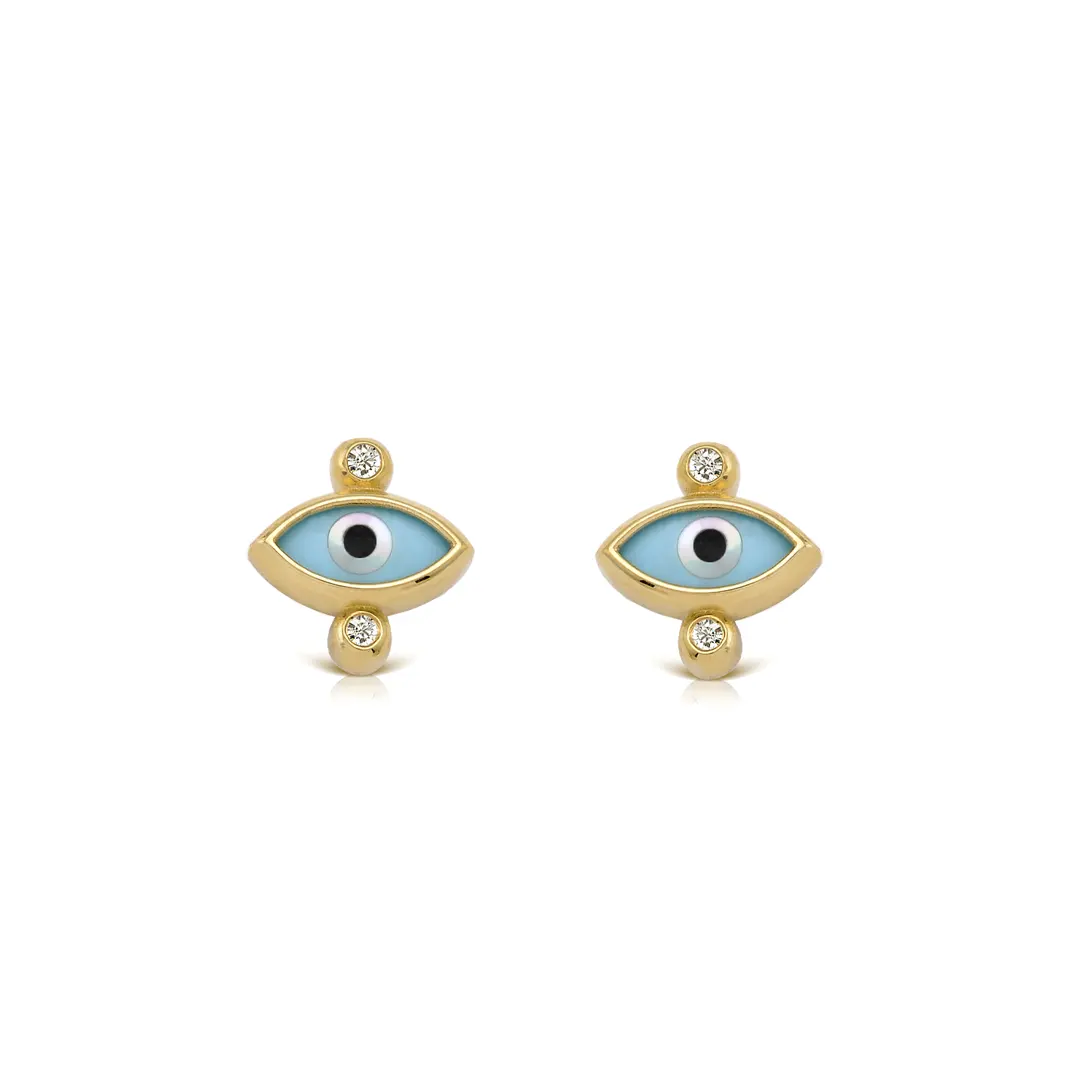 Navette Evil Eye 14K Gold Tiny Earrings with 2 Diamonds