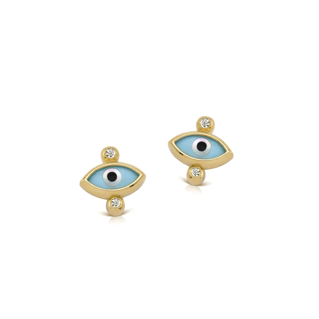 Navette Evil Eye 14K Gold Tiny Earrings with 2 Diamonds - Image 2