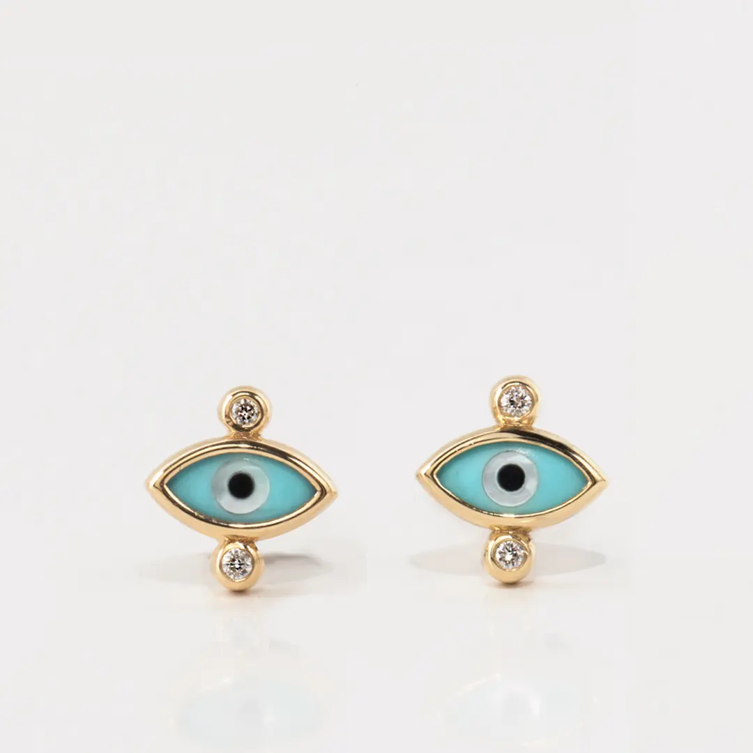 Navette Evil Eye 14K Gold Tiny Earrings with 2 Diamonds - Image 3