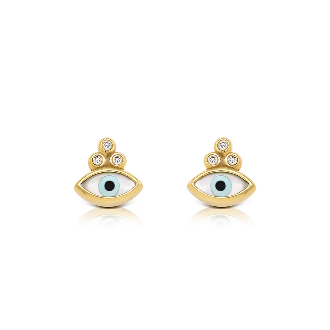 Navette Evil Eye 14K Gold Tiny Earrings with 3 Diamonds