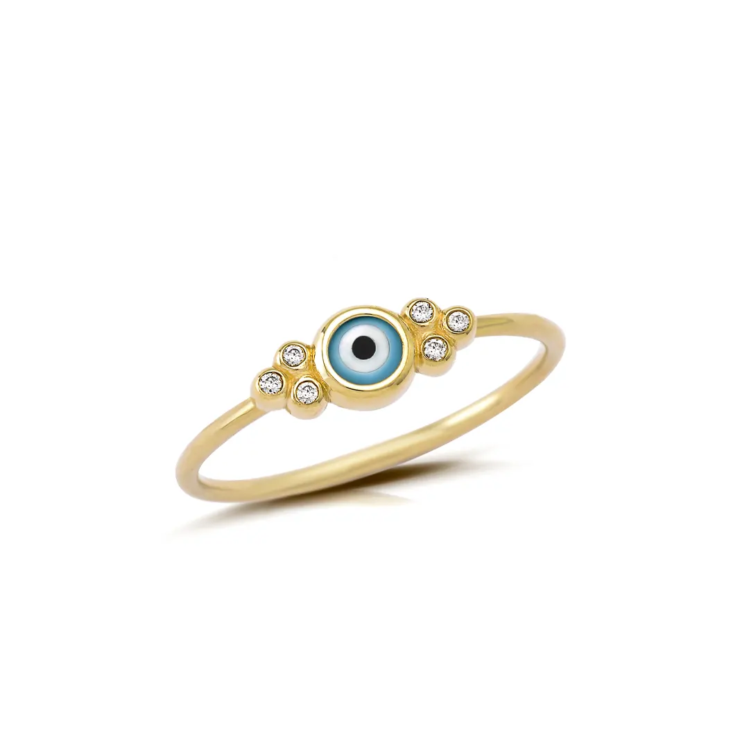 Round Evil Eye 14K Gold Ring with 6 Diamonds - Image 3