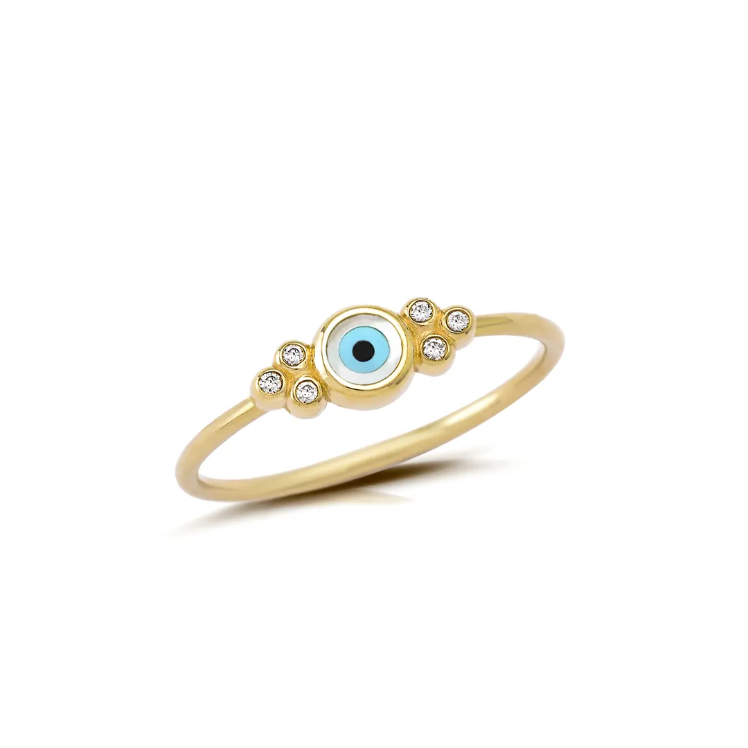 Round Evil Eye 14K Gold Ring with 6 Diamonds - Image 4