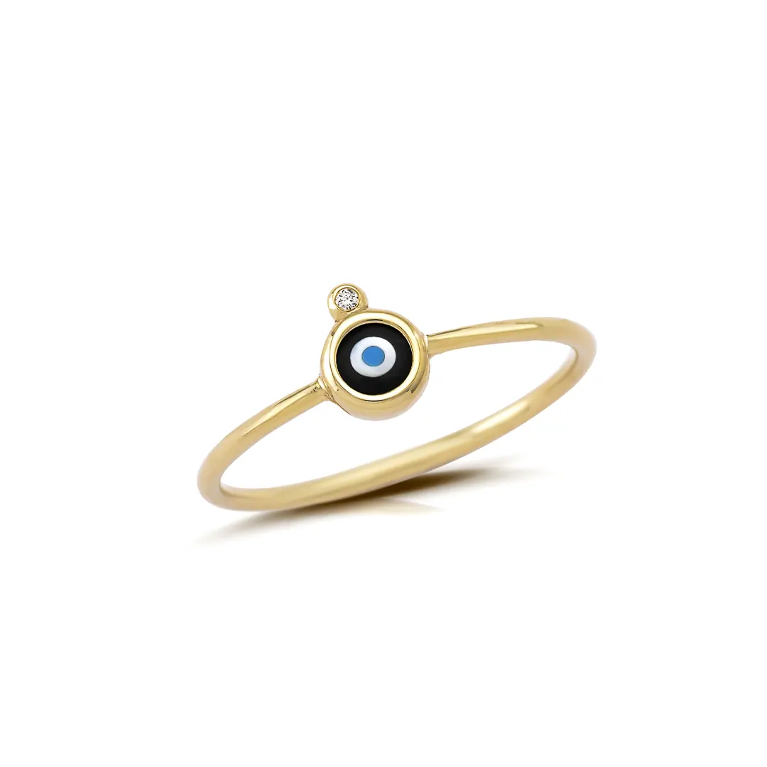 Round Evil Eye 14K Gold Tiny Ring with Diamond - Image 2