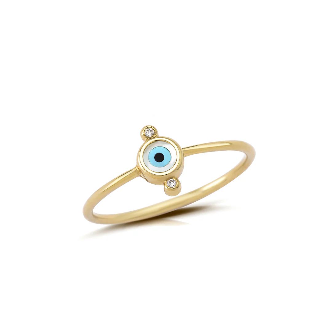 Round Evil Eye 14K Gold Tiny Ring with 2 Diamonds - Image 3