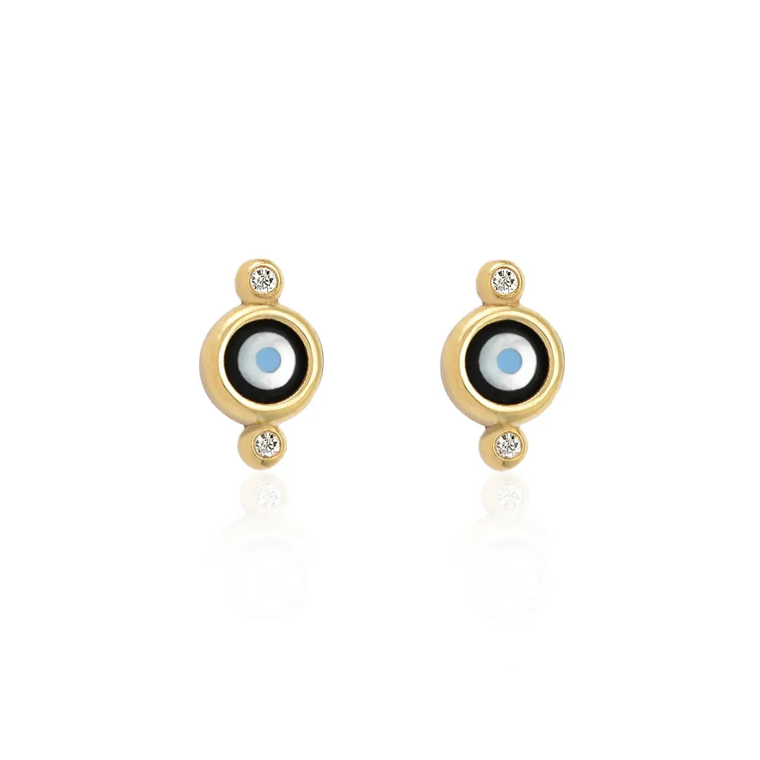Round Evil Eye 14K Gold Tiny Earrings with 2 Diamonds