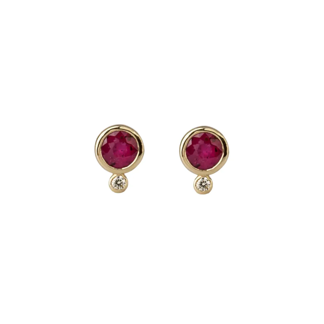 14K Gold Round Ruby and Diamond Earrings