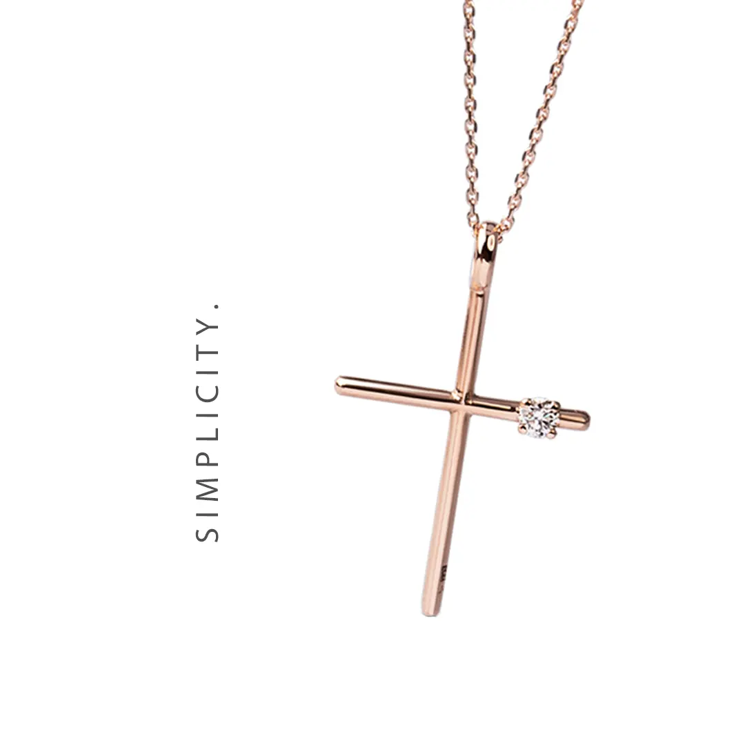 Slender Gold Cross Pendant with Diamond - Image 5