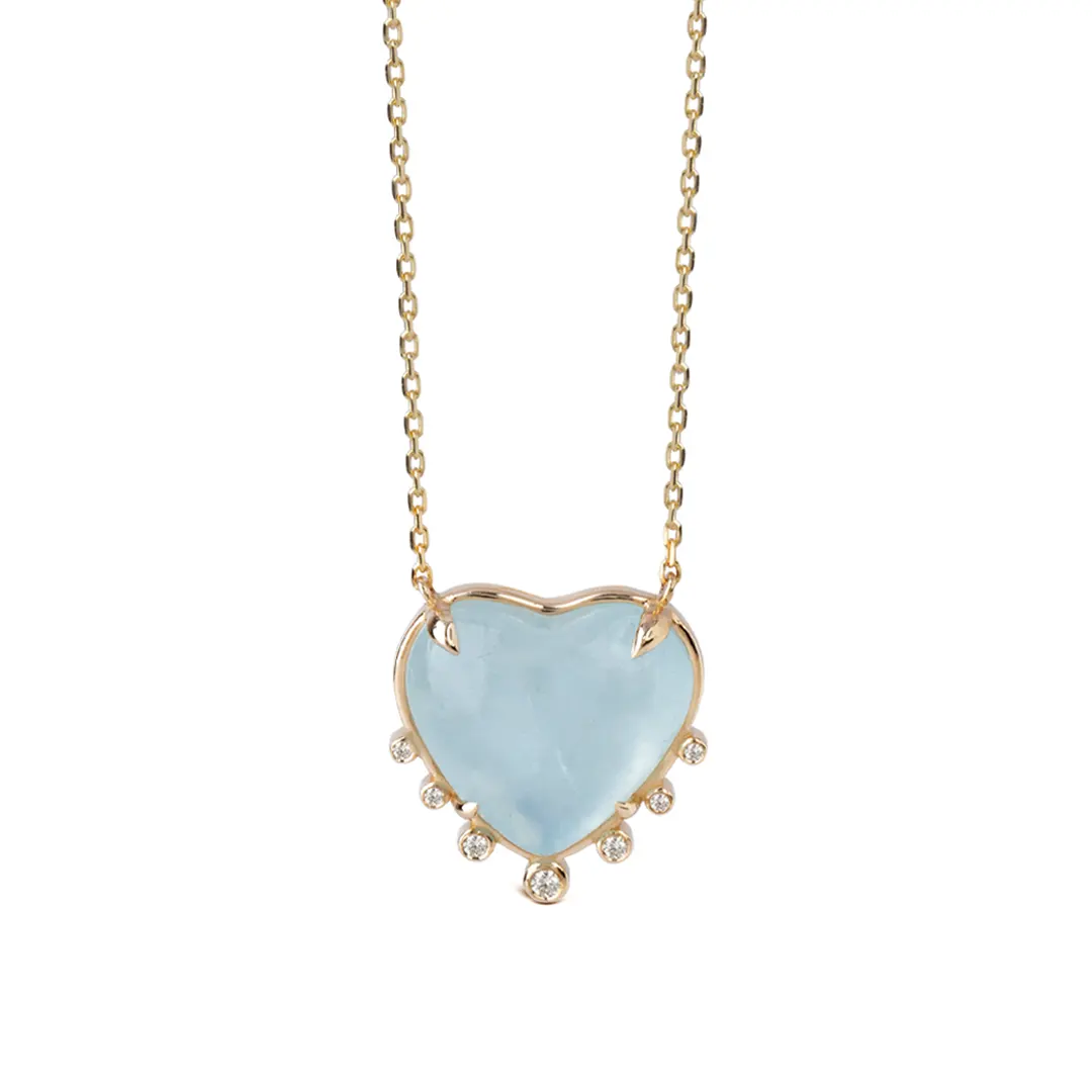 14K Gold Small Heart Shaped Aquamarine Necklace with 7 Diamonds