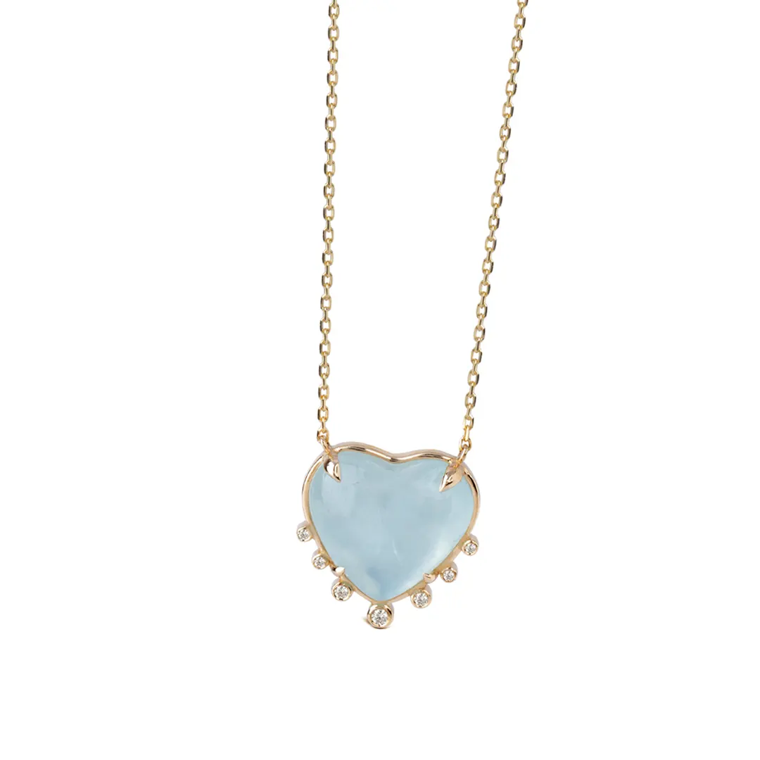 14K Gold Small Heart Shaped Aquamarine Necklace with 7 Diamonds - Image 2