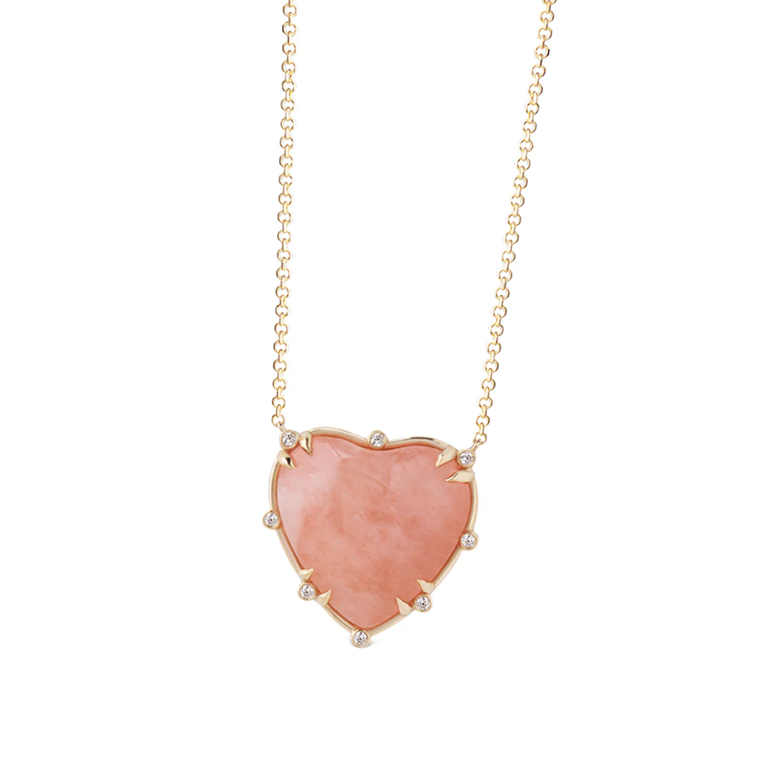 Small Heart Shaped Morganite 14K Gold Necklace with 8 Diamonds