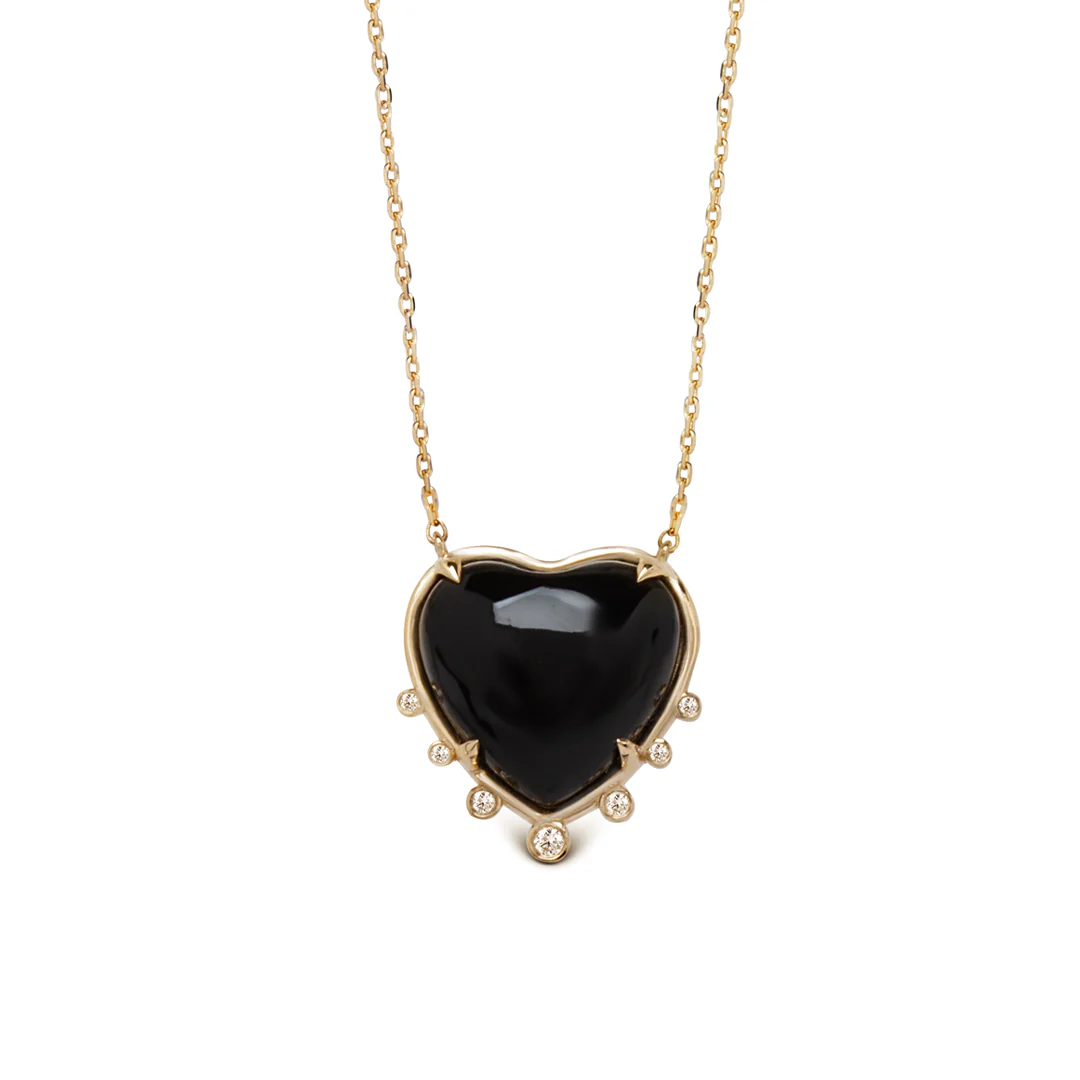 Small Heart Shaped Onyx 14K Gold Necklace with 7 Diamonds
