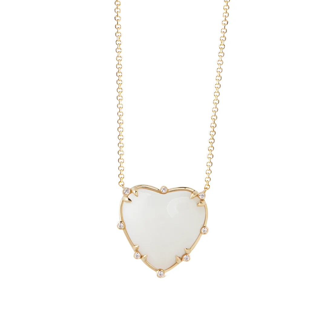 Small Heart Shaped White Agate 14K Gold Necklace with 8 Diamonds