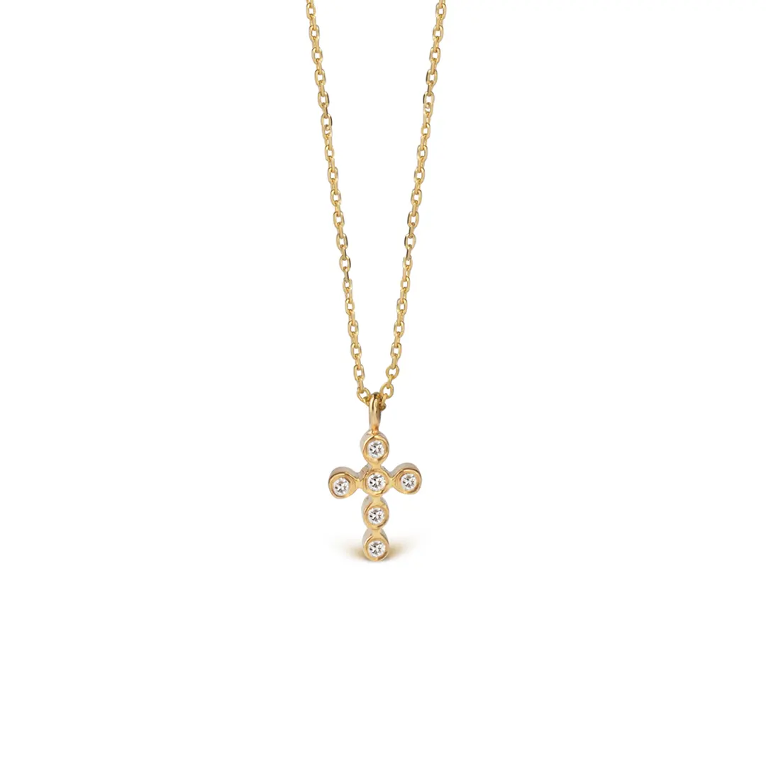 Super Tiny Ball Diamond Gold Cross Pendant