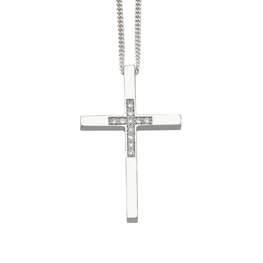 Thin and Tall Gold Cross Pendant Centered with Diamonds - Image 3