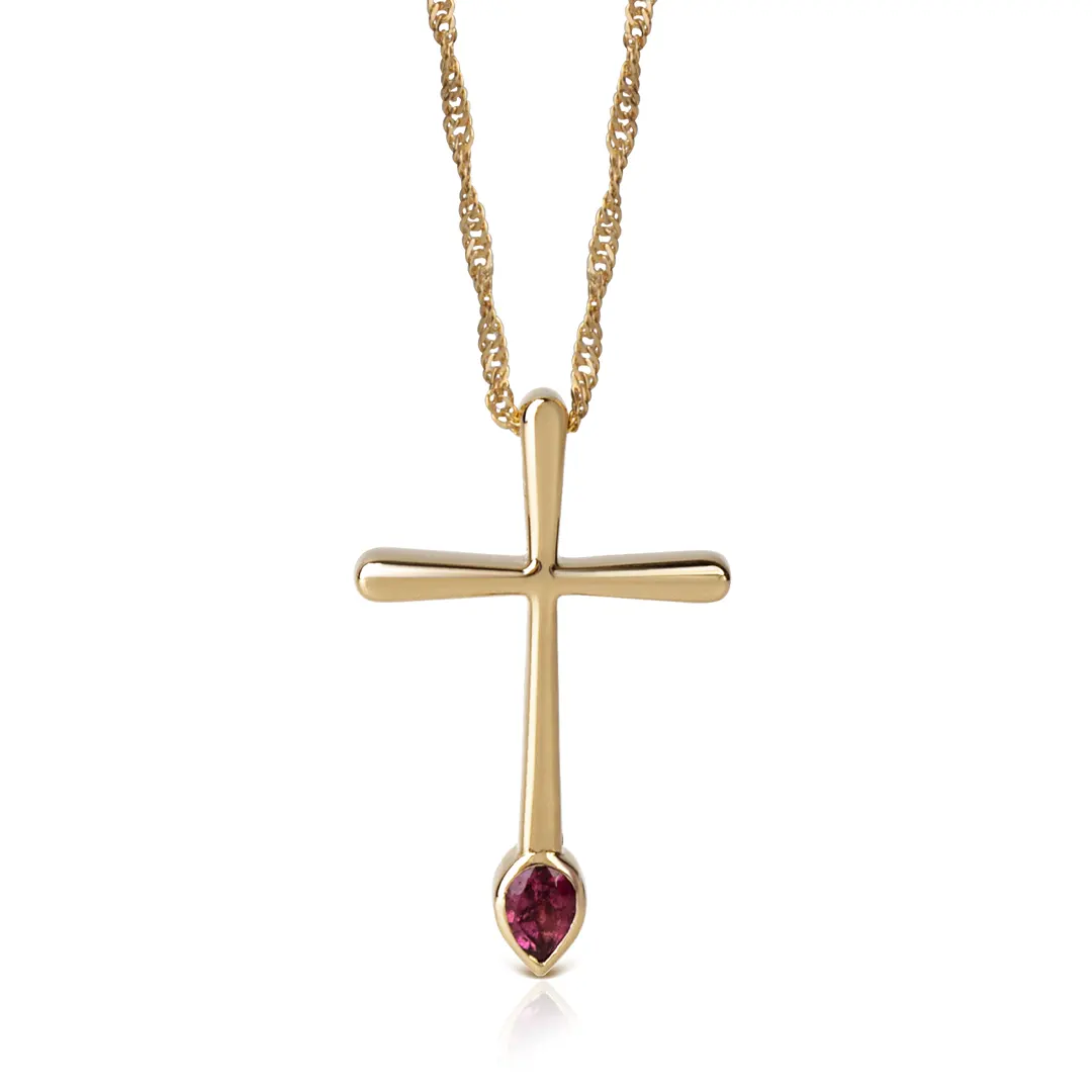 Thin and Tall with Curved Edges Gold Cross with Green Pear shape Tourmaline Gemstone - Image 3