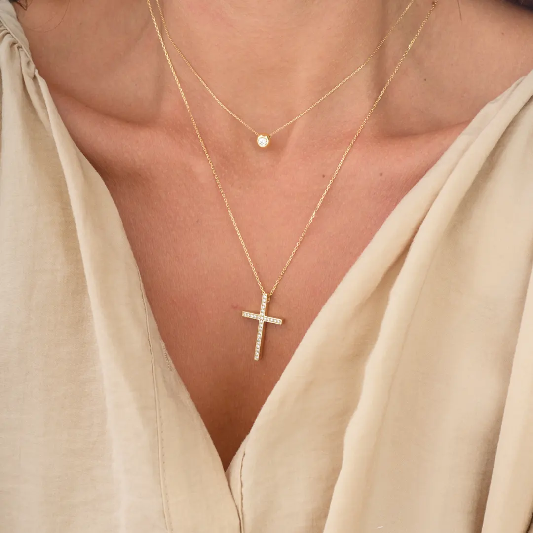 Thin Diamond Gold Cross Pendant - Image 3
